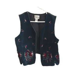 Vintage 90's Tantrums Black Velvet Vest Embroidered Red Roses Bohemian Goth M